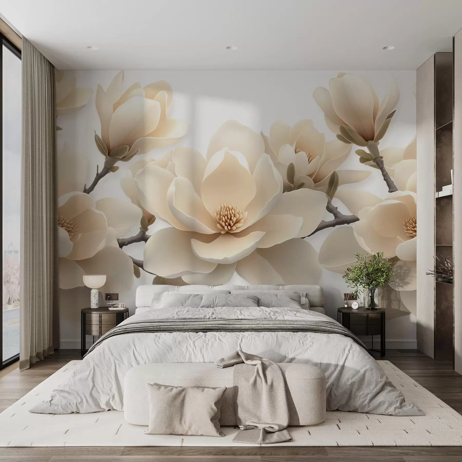 wall murals Беж цветови магнолије у кремастом тону на белој позадини w08692