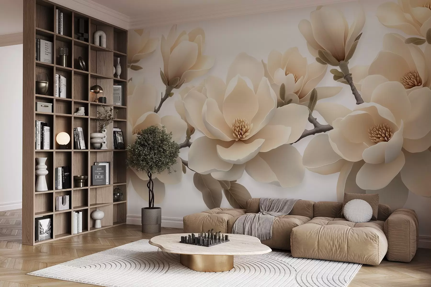 wall murals Беж цветови магнолије у кремастом тону на белој позадини w08692