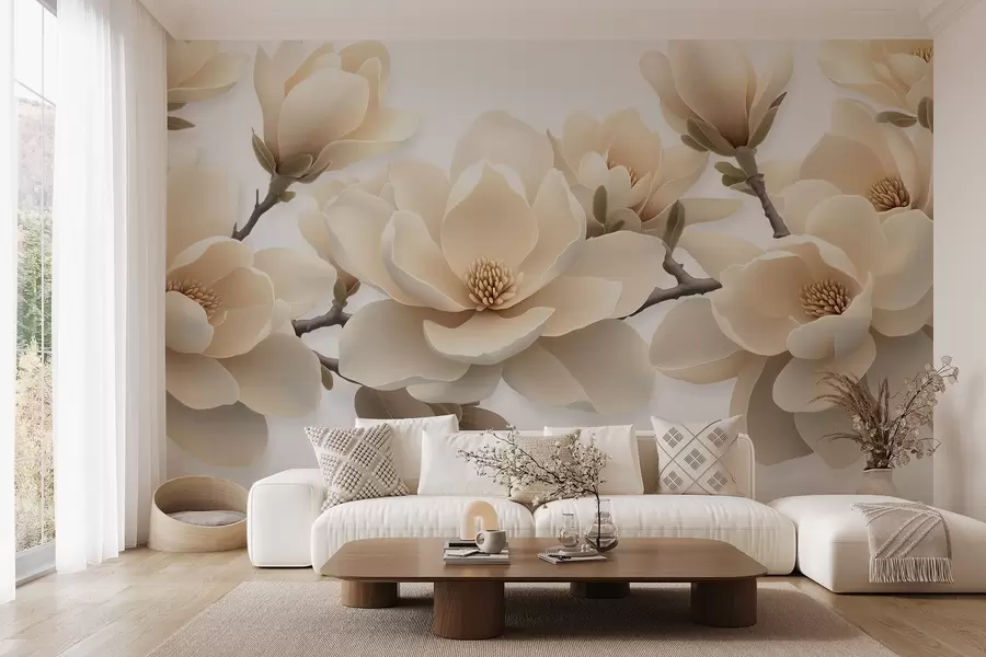 wall murals Беж цветови магнолије у кремастом тону на белој позадини w08692