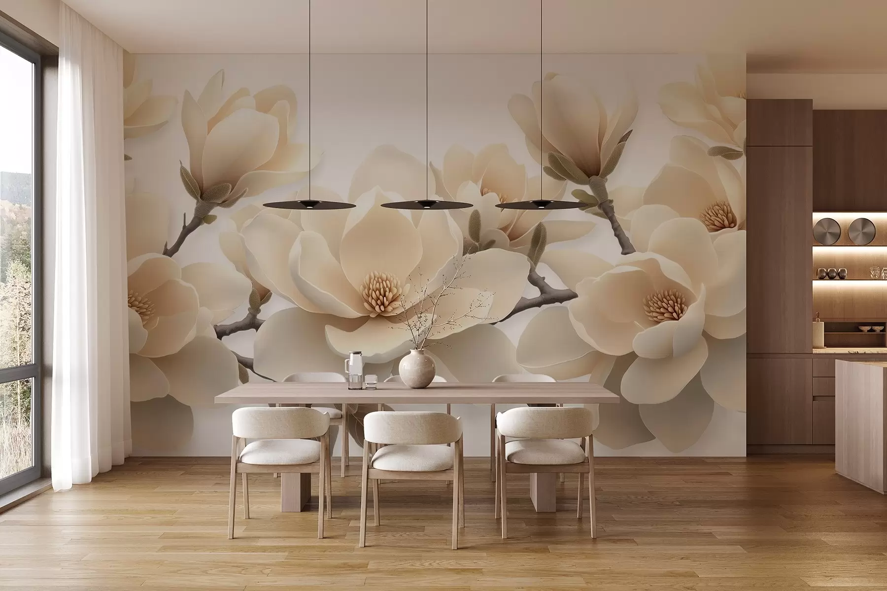 wall murals Беж цветови магнолије у кремастом тону на белој позадини w08692
