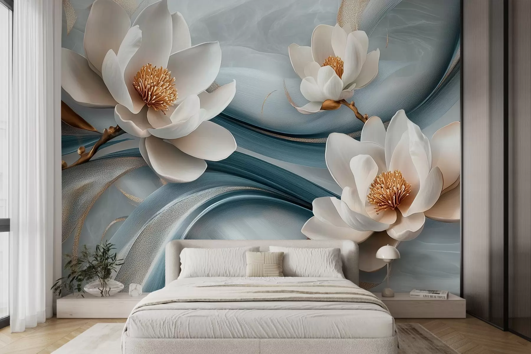 wall murals Цвеће магнолије у комбинацији са плавим, белим и жутим тоновима са апстрактним таласима w08695