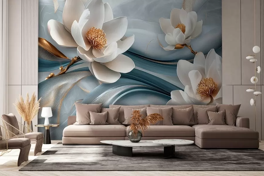 wall murals Цвеће магнолије у комбинацији са плавим, белим и жутим тоновима са апстрактним таласима w08695