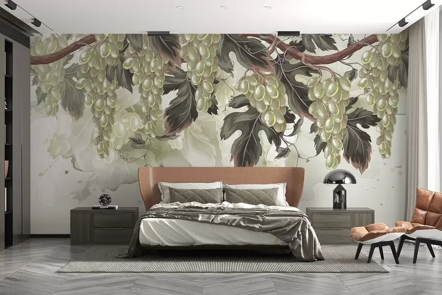 wall murals Грожђе виси са винове лозе са зеленим листовима, на светлој позадини са текстурама налик на акварел w08696