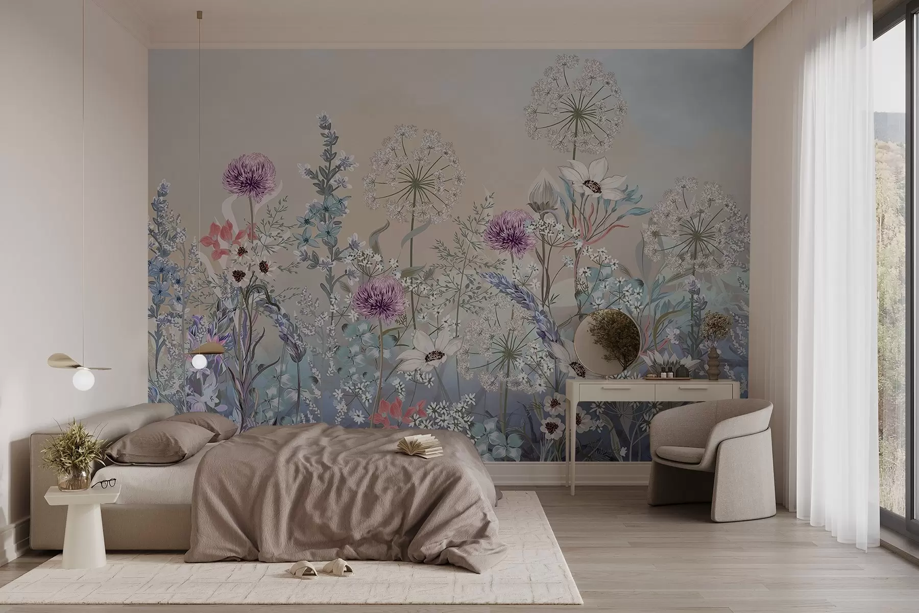 wall murals Жива цветна башта са разним цвећем и травом на нежној пастелној текстурираној позадини w08699