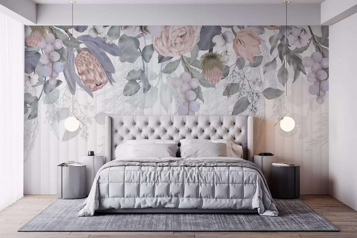 wall murals Цветне пастелне ружичасте руже, цвеће протеа, гране еукалиптуса и бобице на текстурираној позадини w08700