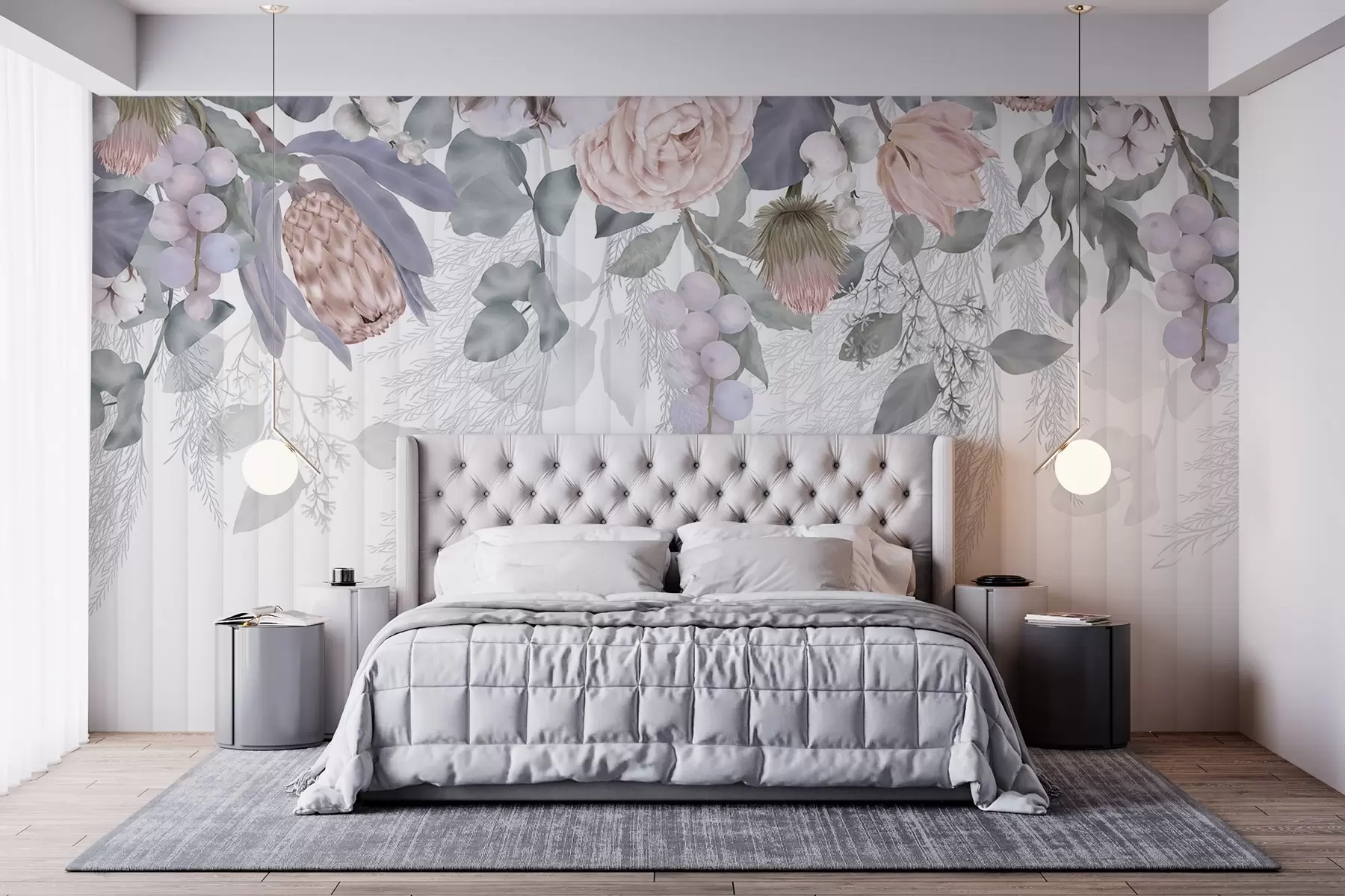 wall murals Цветне пастелне ружичасте руже, цвеће протеа, гране еукалиптуса и бобице на текстурираној позадини w08700