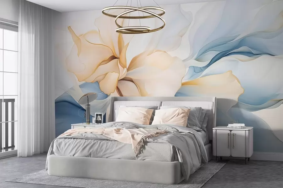 wall murals Тече апстрактне цветне латице прозирних и слојевитих облика у пастелним бојама, у брескви и плавим нијансама w08701