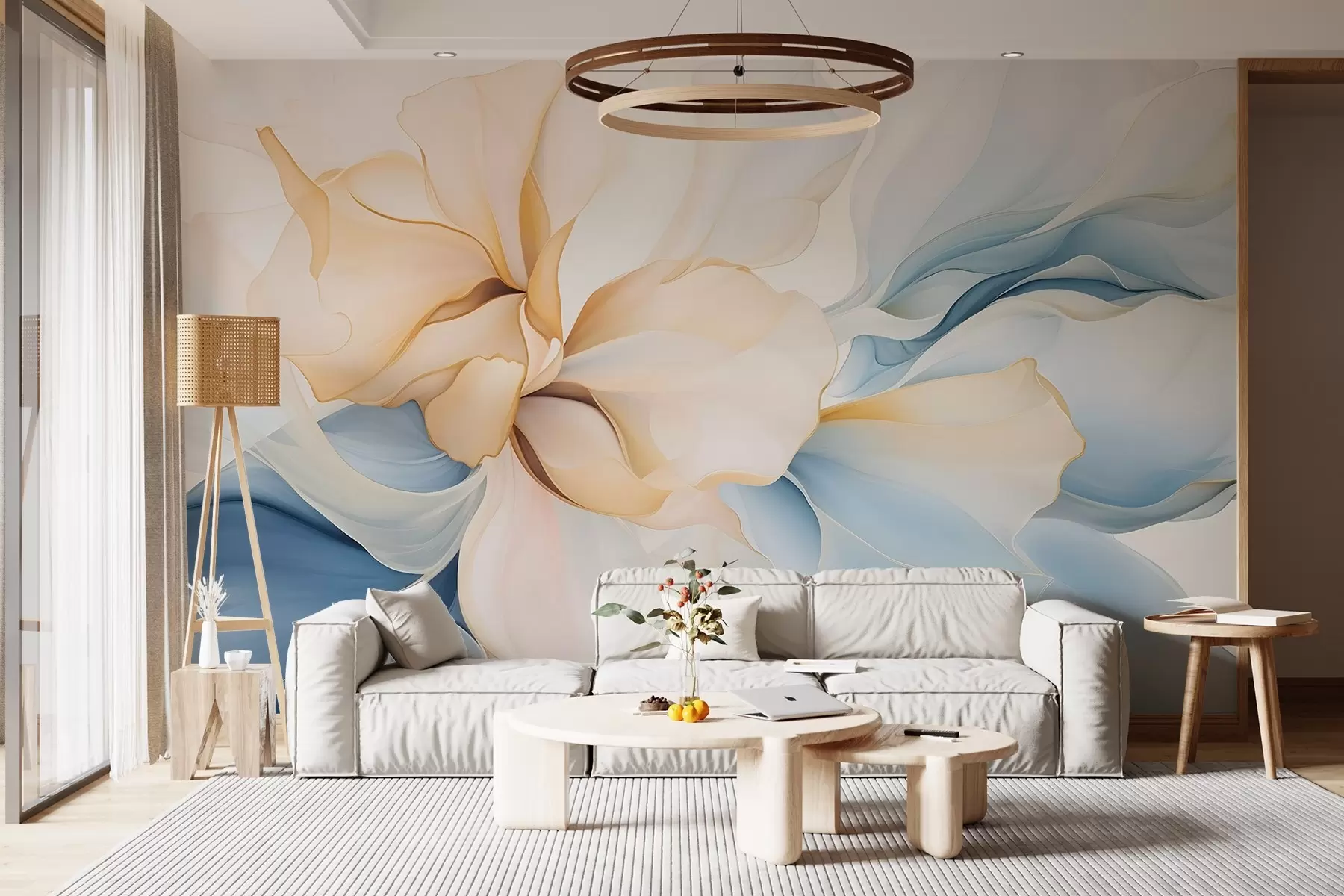 wall murals Тече апстрактне цветне латице прозирних и слојевитих облика у пастелним бојама, у брескви и плавим нијансама w08701