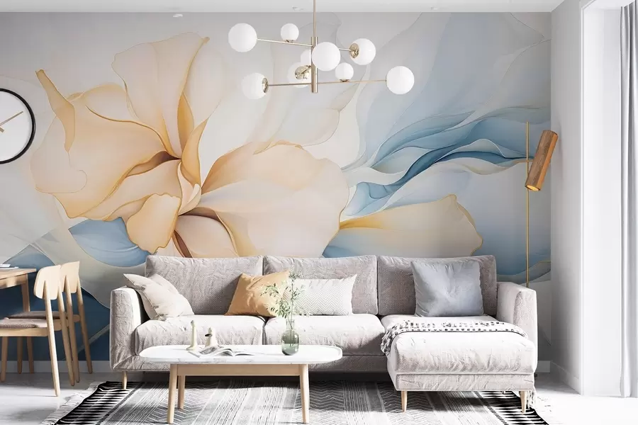 wall murals Тече апстрактне цветне латице прозирних и слојевитих облика у пастелним бојама, у брескви и плавим нијансама w08701