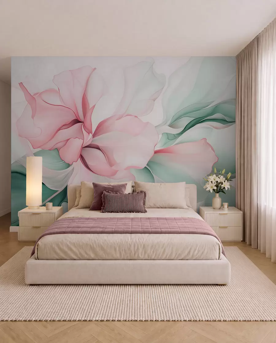 wall murals Тече апстрактне цветне латице прозирних и слојевитих облика у пастелним бојама, у ружичастим и зеленим нијансама w08701v1