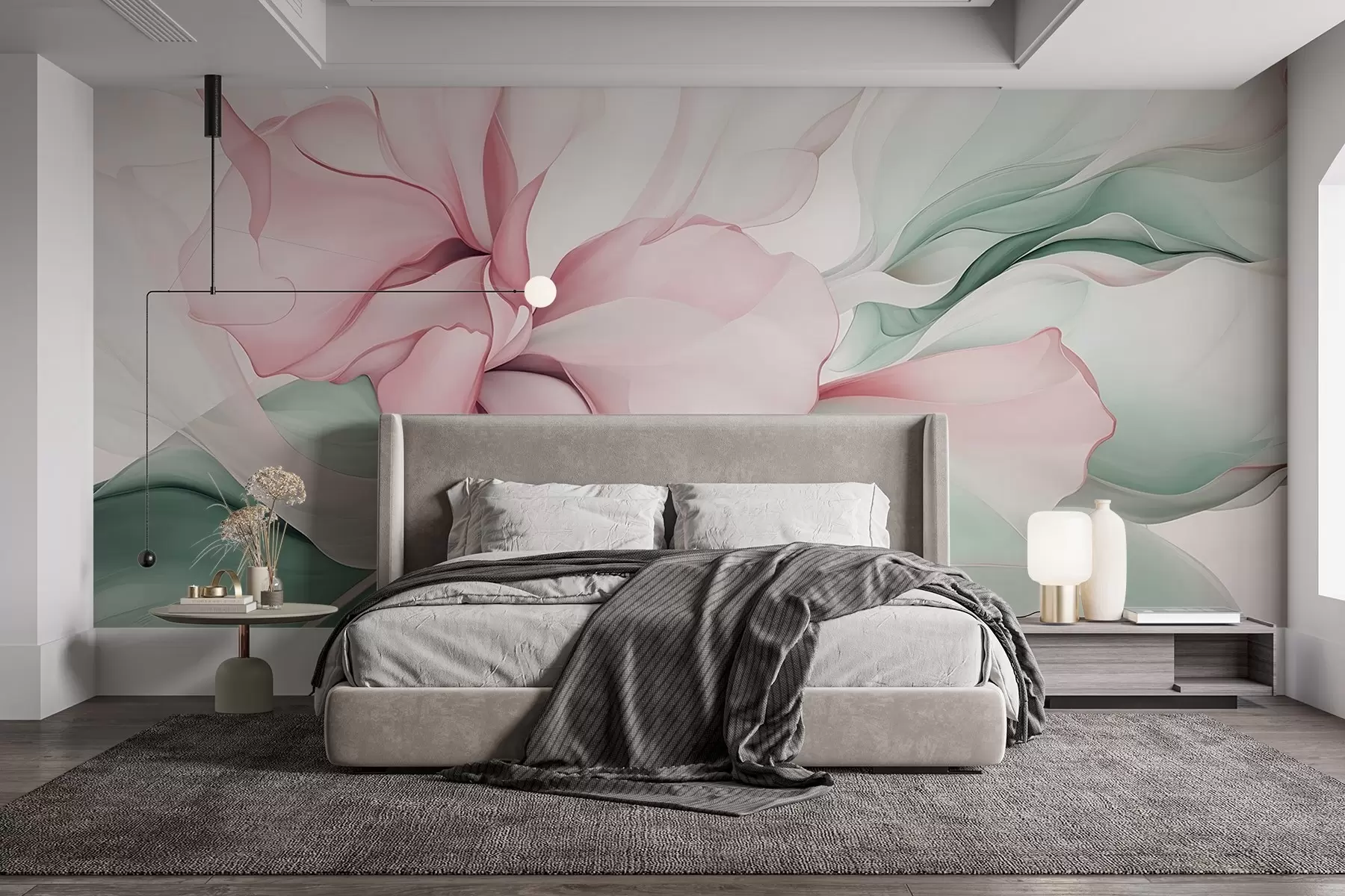 wall murals Тече апстрактне цветне латице прозирних и слојевитих облика у пастелним бојама, у ружичастим и зеленим нијансама w08701v1