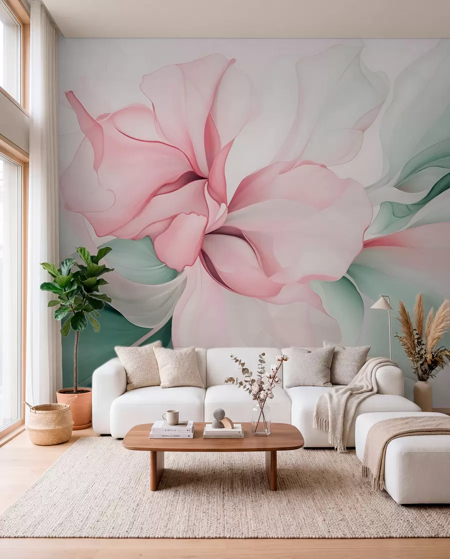 wall murals Тече апстрактне цветне латице прозирних и слојевитих облика у пастелним бојама, у ружичастим и зеленим нијансама w08701v1