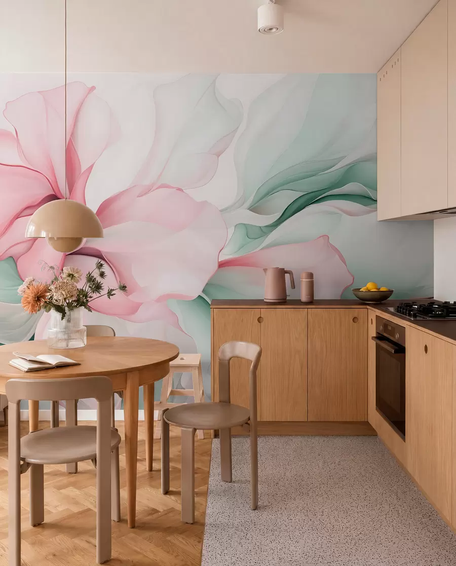 wall murals Тече апстрактне цветне латице прозирних и слојевитих облика у пастелним бојама, у ружичастим и зеленим нијансама w08701v1