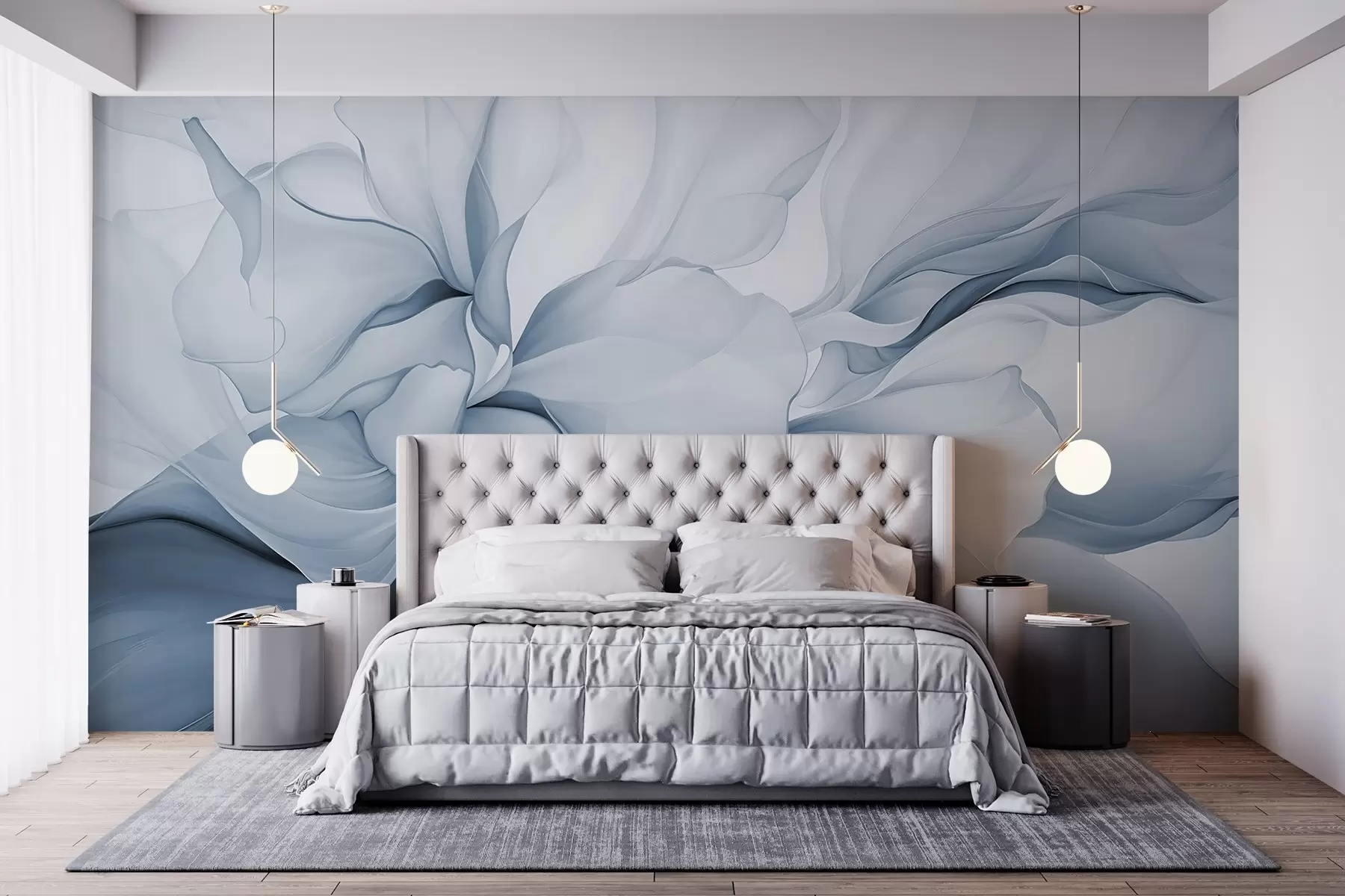 wall murals Тече апстрактне цветне латице прозирних и слојевитих облика у пастелним бојама, у плавим нијансама w08701v2