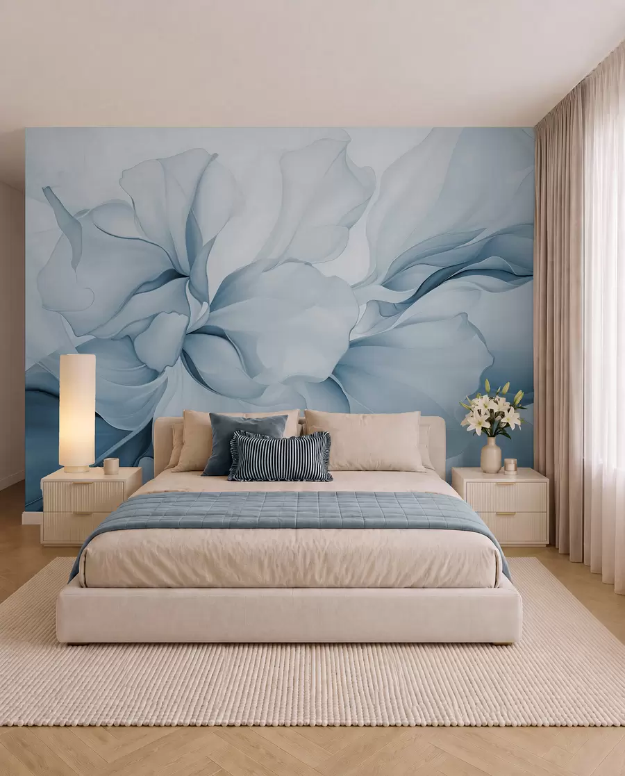 wall murals Тече апстрактне цветне латице прозирних и слојевитих облика у пастелним бојама, у плавим нијансама w08701v2