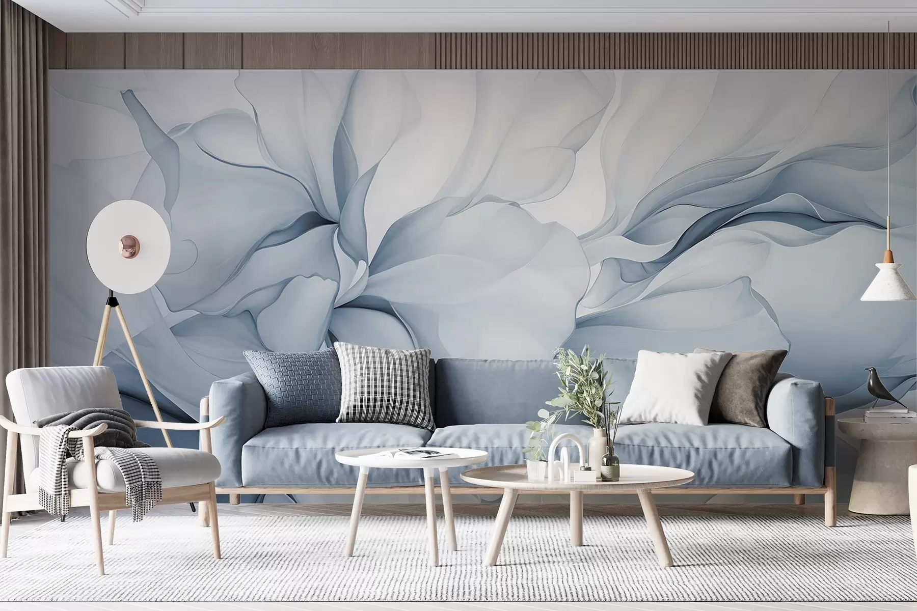 wall murals Тече апстрактне цветне латице прозирних и слојевитих облика у пастелним бојама, у плавим нијансама w08701v2