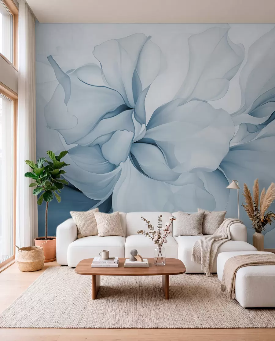 wall murals Тече апстрактне цветне латице прозирних и слојевитих облика у пастелним бојама, у плавим нијансама w08701v2