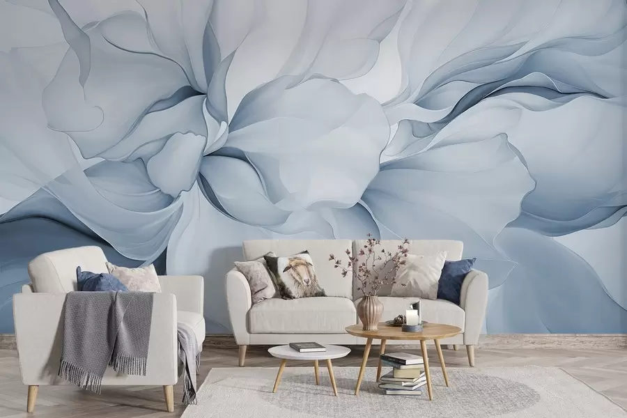 wall murals Тече апстрактне цветне латице прозирних и слојевитих облика у пастелним бојама, у плавим нијансама w08701v2