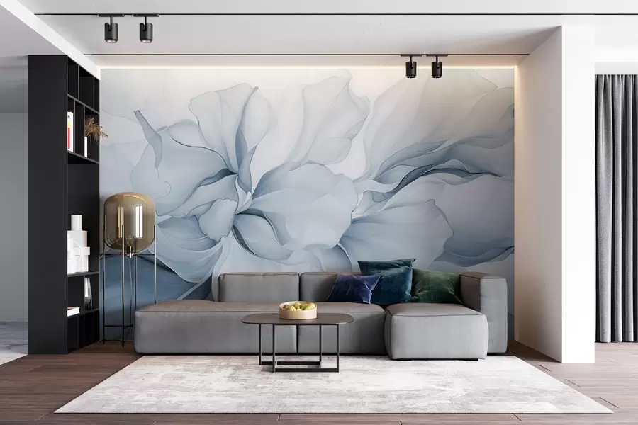 wall murals Тече апстрактне цветне латице прозирних и слојевитих облика у пастелним бојама, у плавим нијансама w08701v2