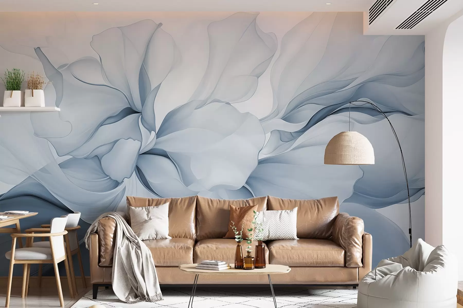 wall murals Тече апстрактне цветне латице прозирних и слојевитих облика у пастелним бојама, у плавим нијансама w08701v2