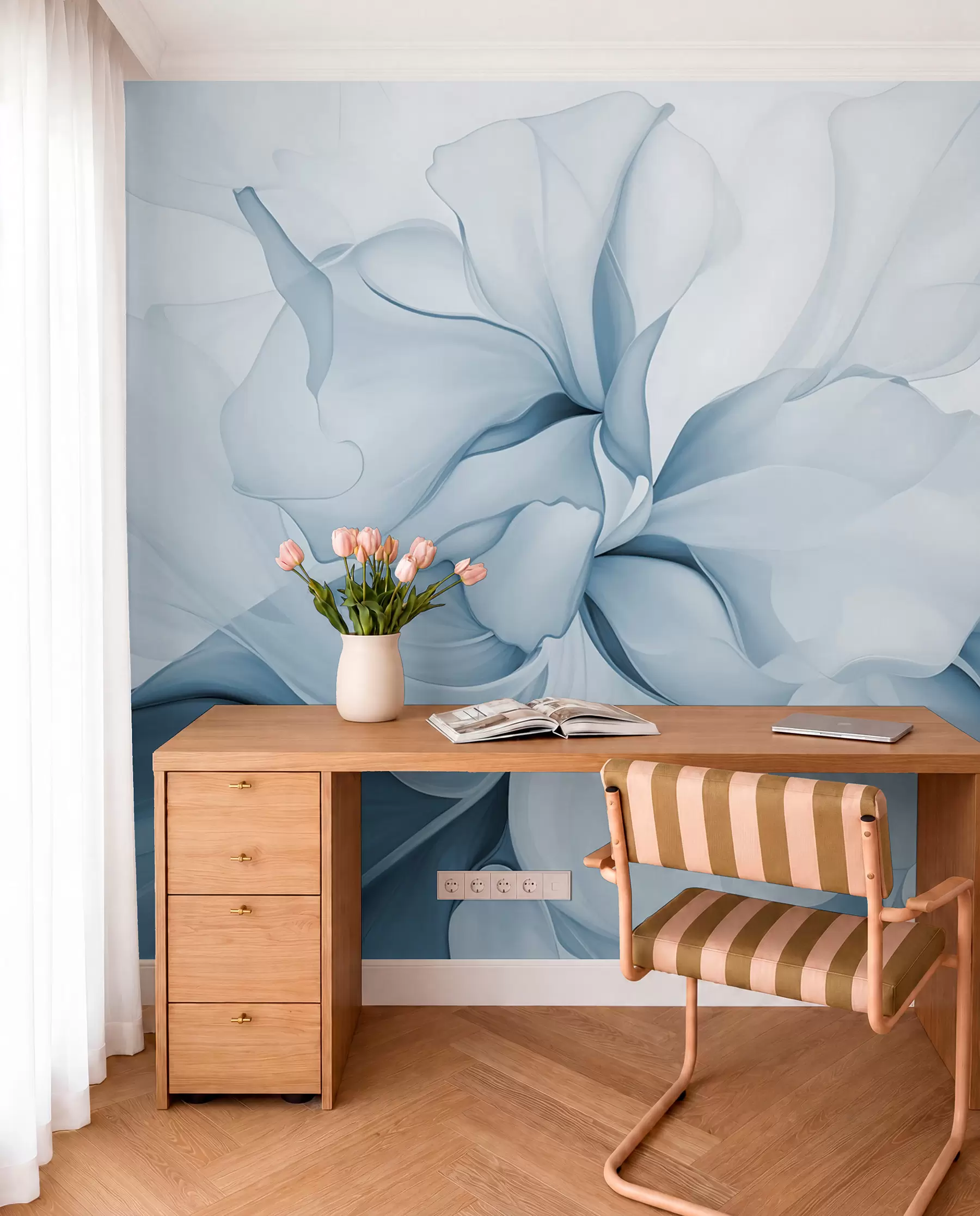 wall murals Тече апстрактне цветне латице прозирних и слојевитих облика у пастелним бојама, у плавим нијансама w08701v2