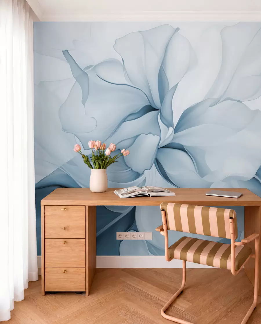 wall murals Тече апстрактне цветне латице прозирних и слојевитих облика у пастелним бојама, у плавим нијансама w08701v2