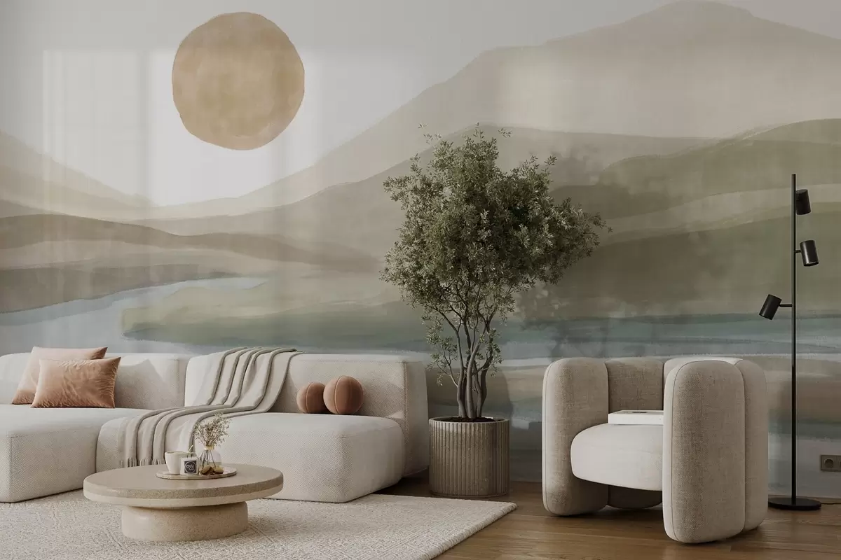 wall murals Пејзаж слојевитих планина са благим нагибом, вијугава река, пригушено наранџасто сунце на небу w08702