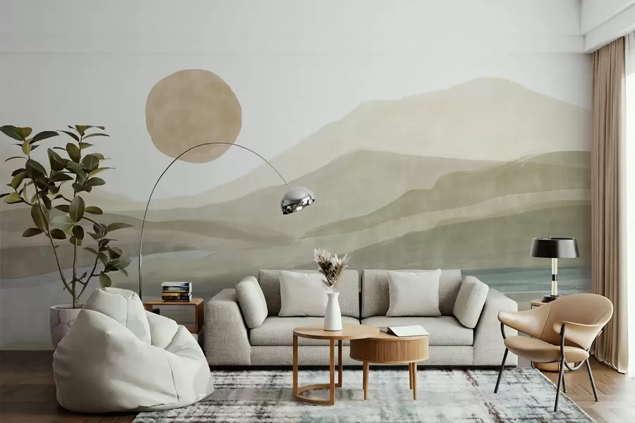 wall murals Пејзаж слојевитих планина са благим нагибом, вијугава река, пригушено наранџасто сунце на небу w08702