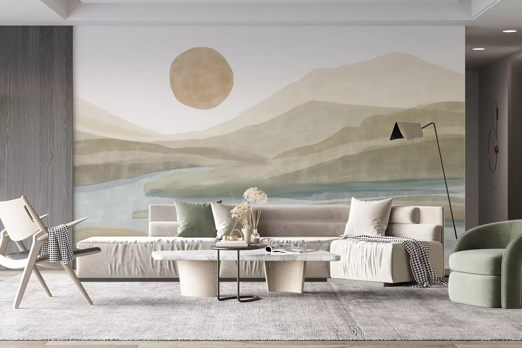 wall murals Пејзаж слојевитих планина са благим нагибом, вијугава река, пригушено наранџасто сунце на небу w08702