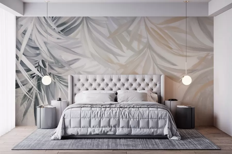 wall murals Меко, тече тропско лишће светле боје у нијансама сиве и брескве, стапајући се у бледи, неутрални отисак w08703