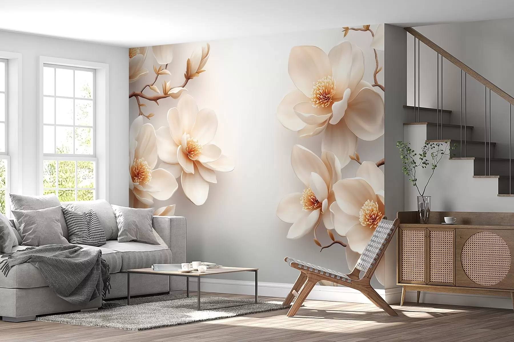 wall murals Прелепи цветови магнолије крем боје на белој позадини w08704