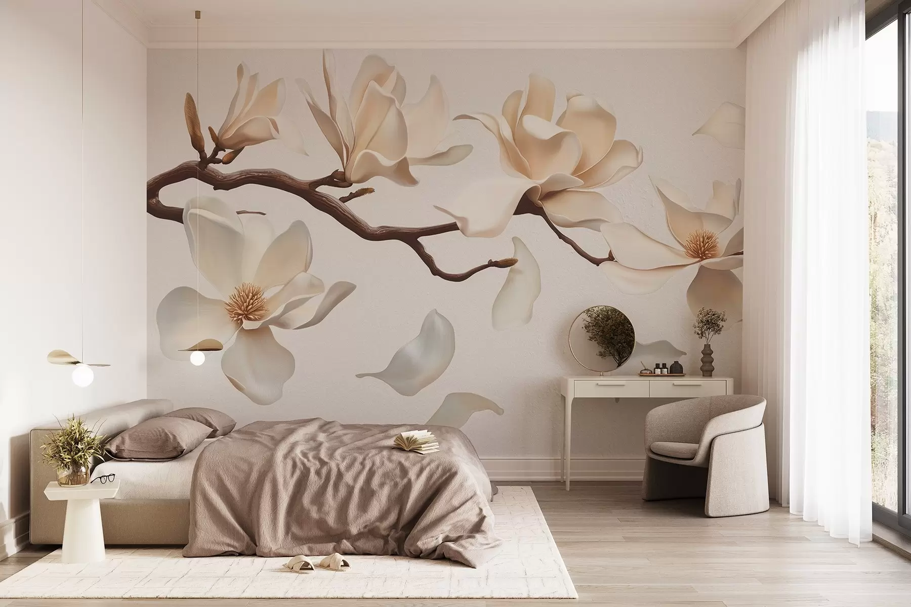 wall murals Грана дрвета са нежним цветовима магнолије и падајућим латицама w08706