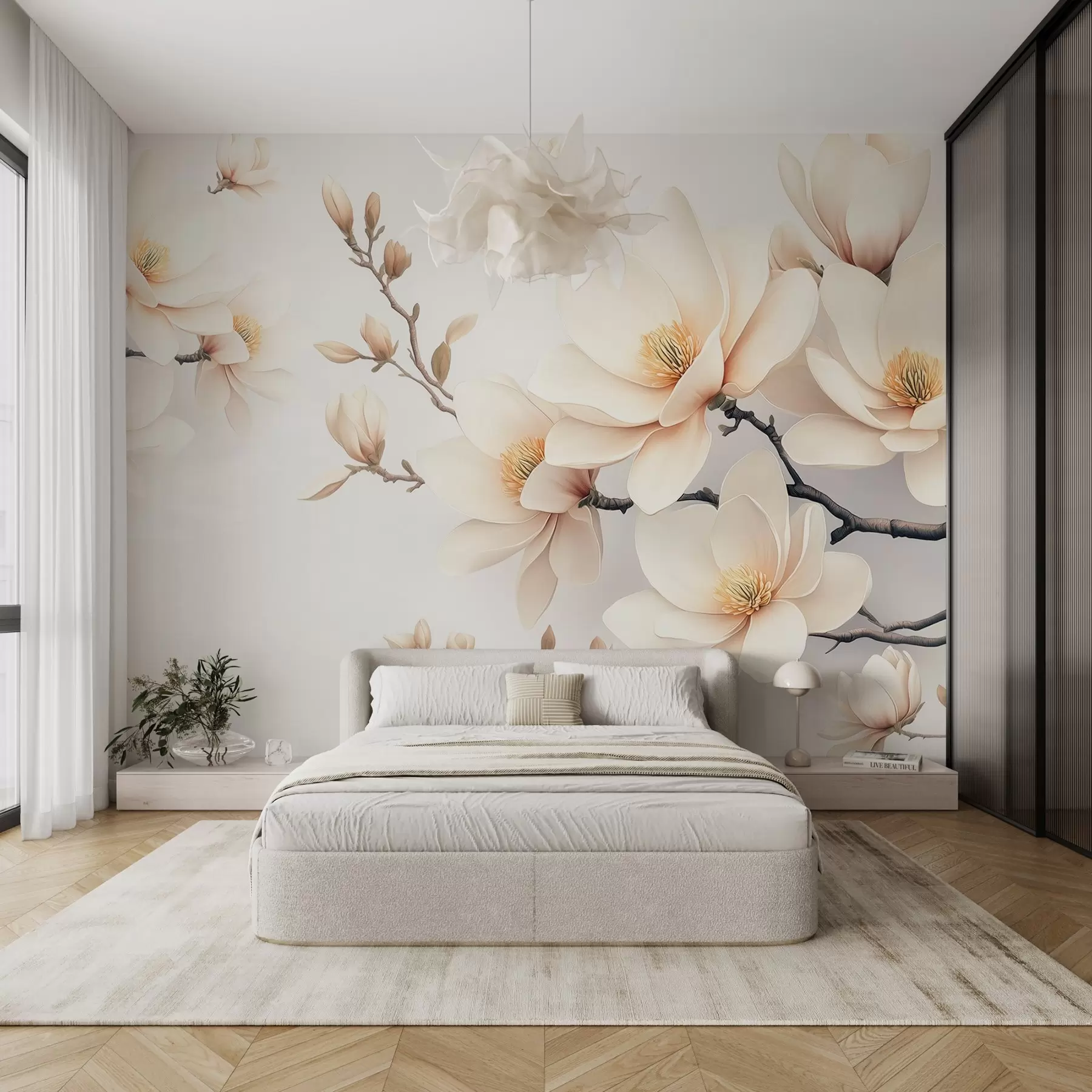 wall murals Прелепи цветови магнолије крем боје на белој позадини w08721
