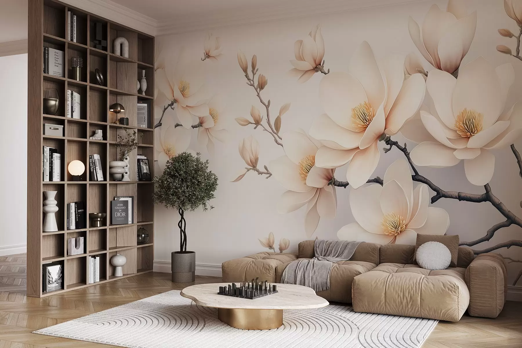 wall murals Прелепи цветови магнолије крем боје на белој позадини w08721