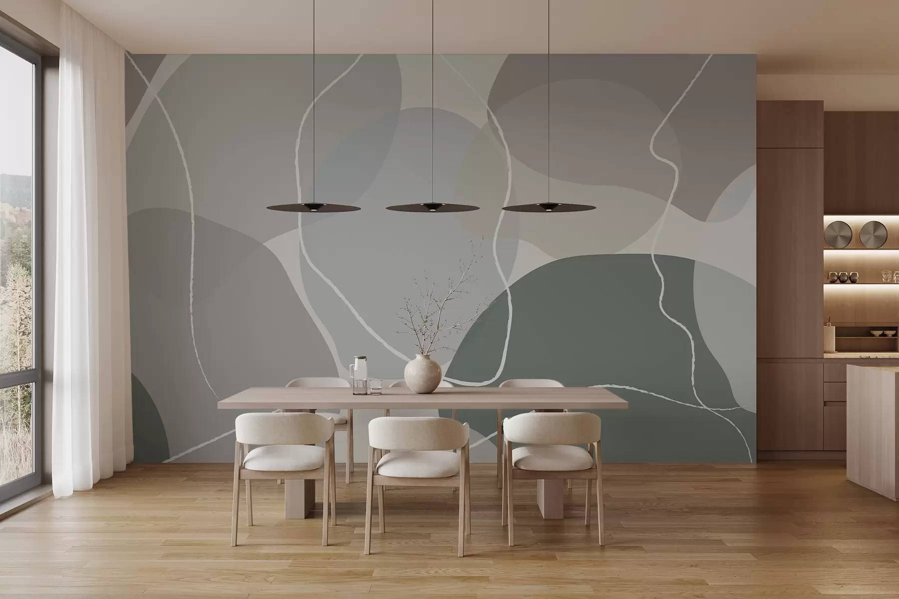 wall murals Апстрактни узорак са меким органским облицима у пригушеним зеленим, беж и сивим тоновима, наглашеним деликатним белим линијама w03039v2