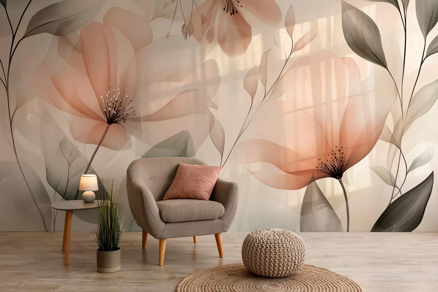 wall murals нежно прозрачно цвеће у топлим земљаним нијансама w03010