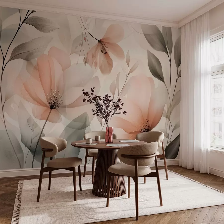 wall murals нежно прозрачно цвеће у топлим земљаним нијансама w03010