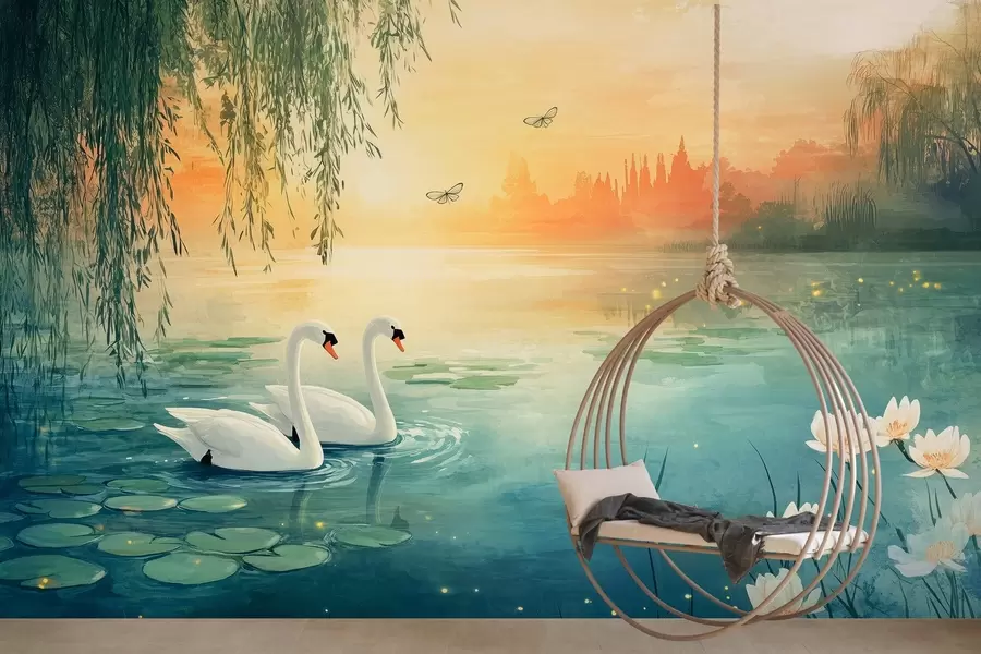 wall murals Романтични пејзаж у стилу уљане слике са два бела лабуда на језеру w03017