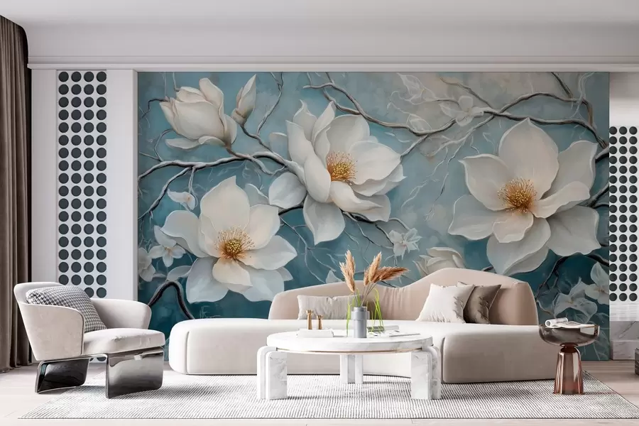 wall murals Смрзнуто бело цвеће на плавој позадини у стилу уљаног сликарства w03018