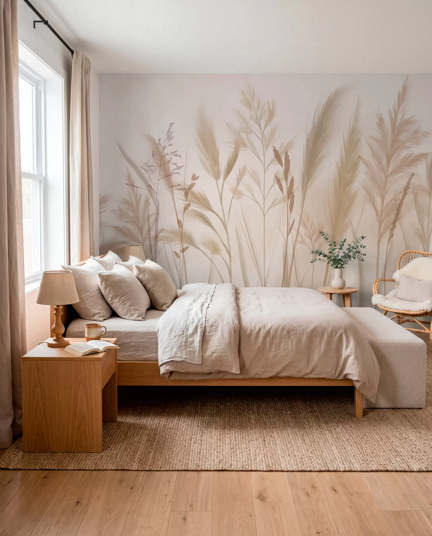 wall murals Високе, нежне траве, класови и биљке у меким беж и крем тоновима, на светло замућеној позадини w08736