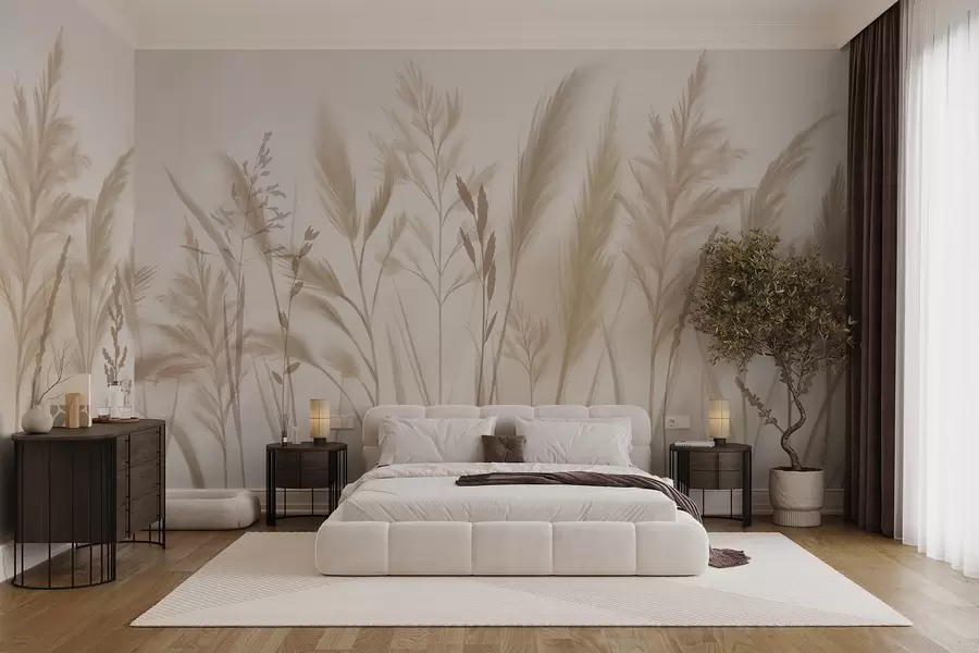 wall murals Високе, нежне траве, класови и биљке у меким беж и крем тоновима, на светло замућеној позадини w08736