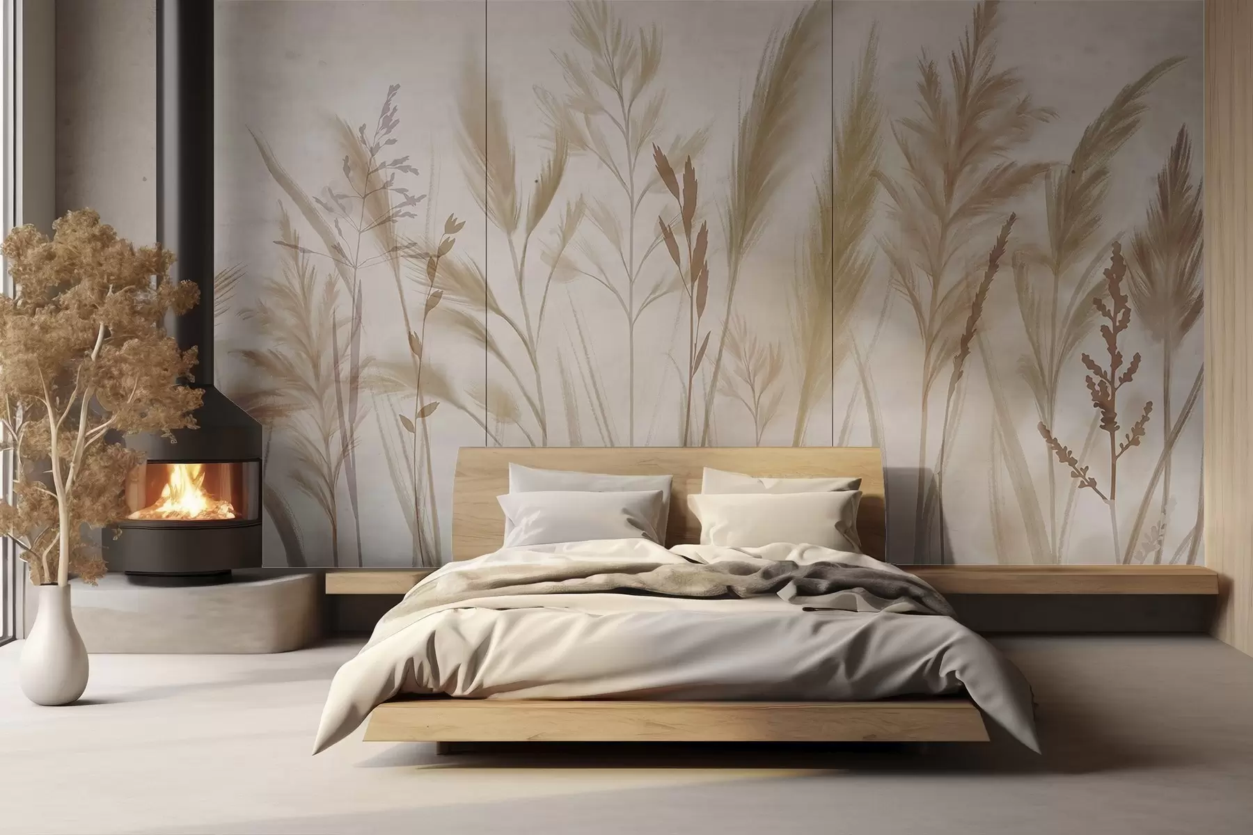 wall murals Високе, нежне траве, класови и биљке у меким беж и крем тоновима, на светло замућеној позадини w08736