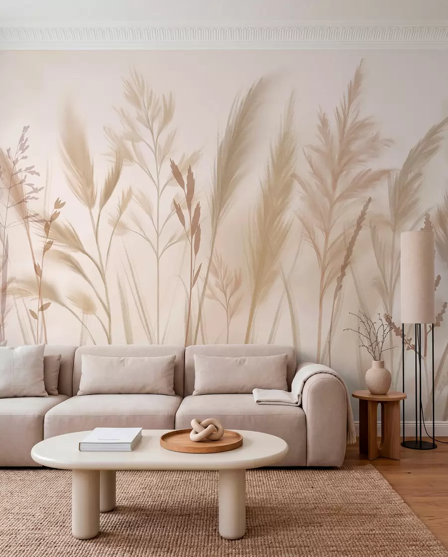 wall murals Високе, нежне траве, класови и биљке у меким беж и крем тоновима, на светло замућеној позадини w08736