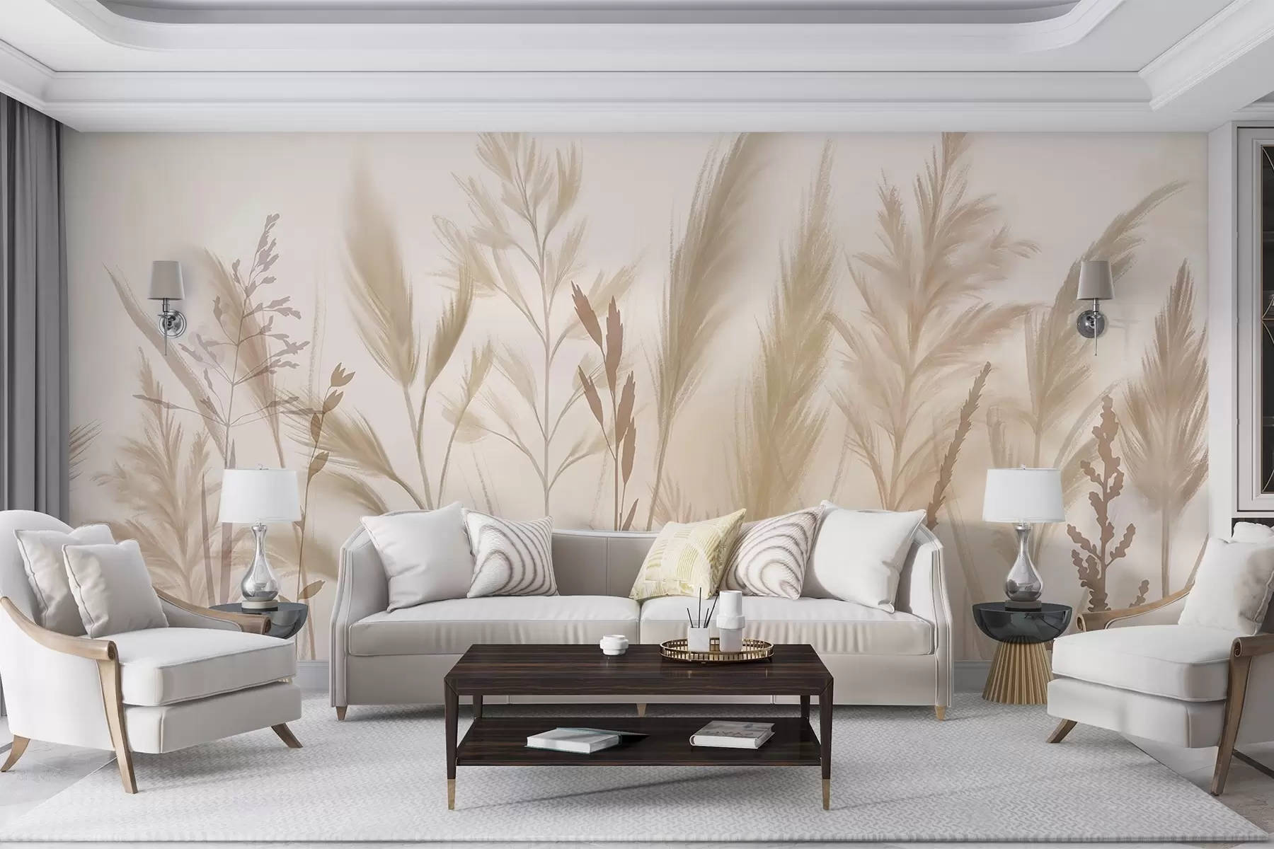 wall murals Високе, нежне траве, класови и биљке у меким беж и крем тоновима, на светло замућеној позадини w08736
