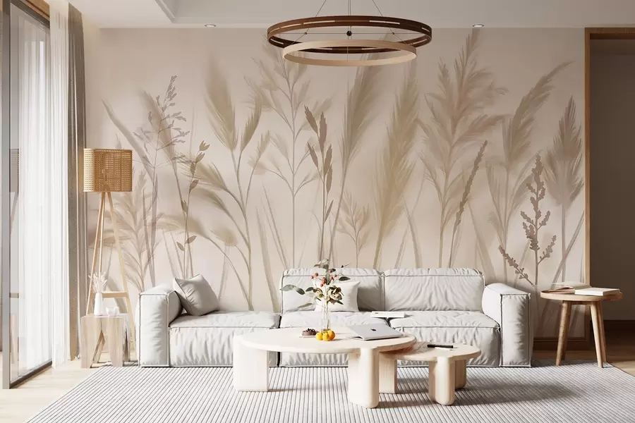 wall murals Високе, нежне траве, класови и биљке у меким беж и крем тоновима, на светло замућеној позадини w08736