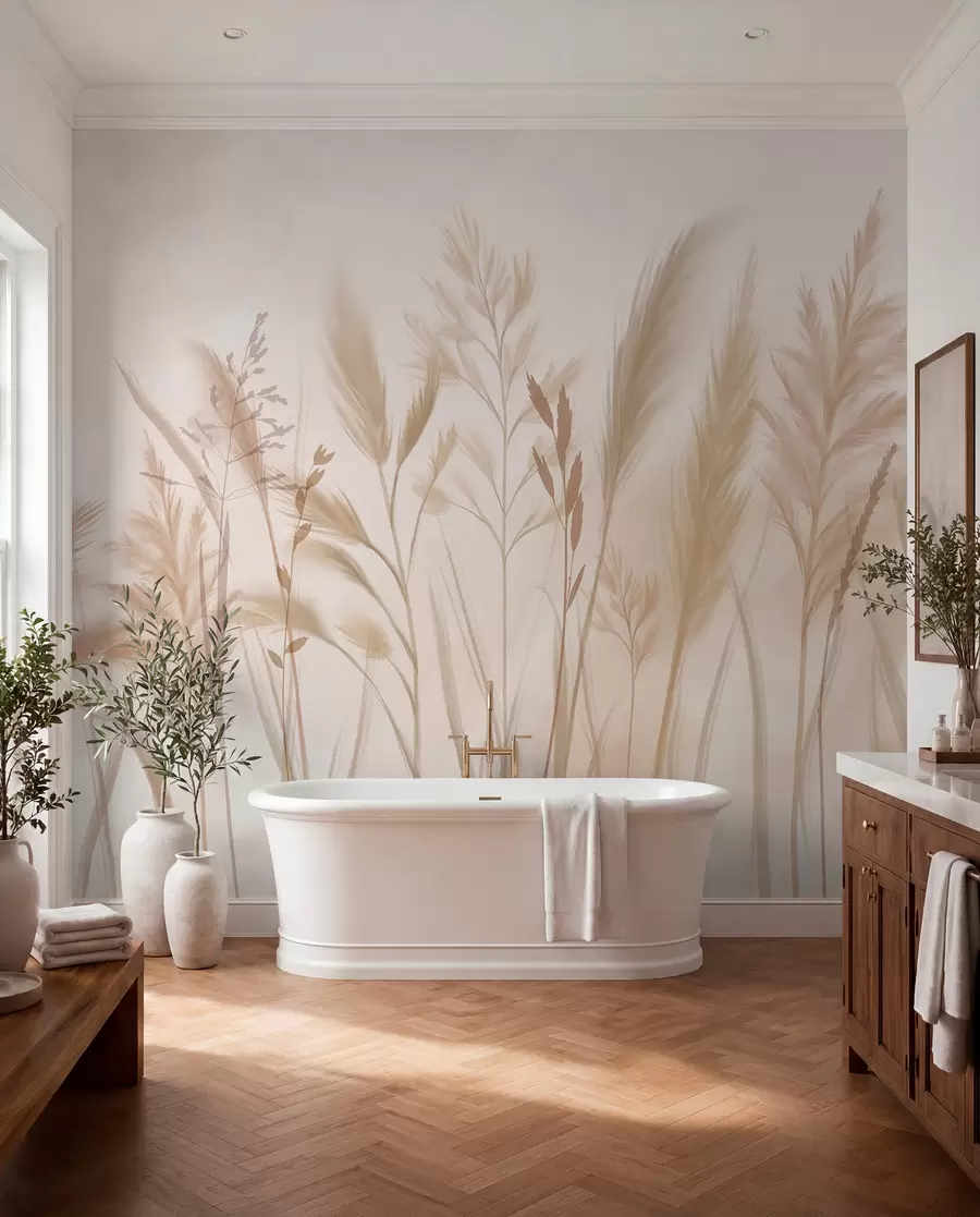 wall murals Високе, нежне траве, класови и биљке у меким беж и крем тоновима, на светло замућеној позадини w08736