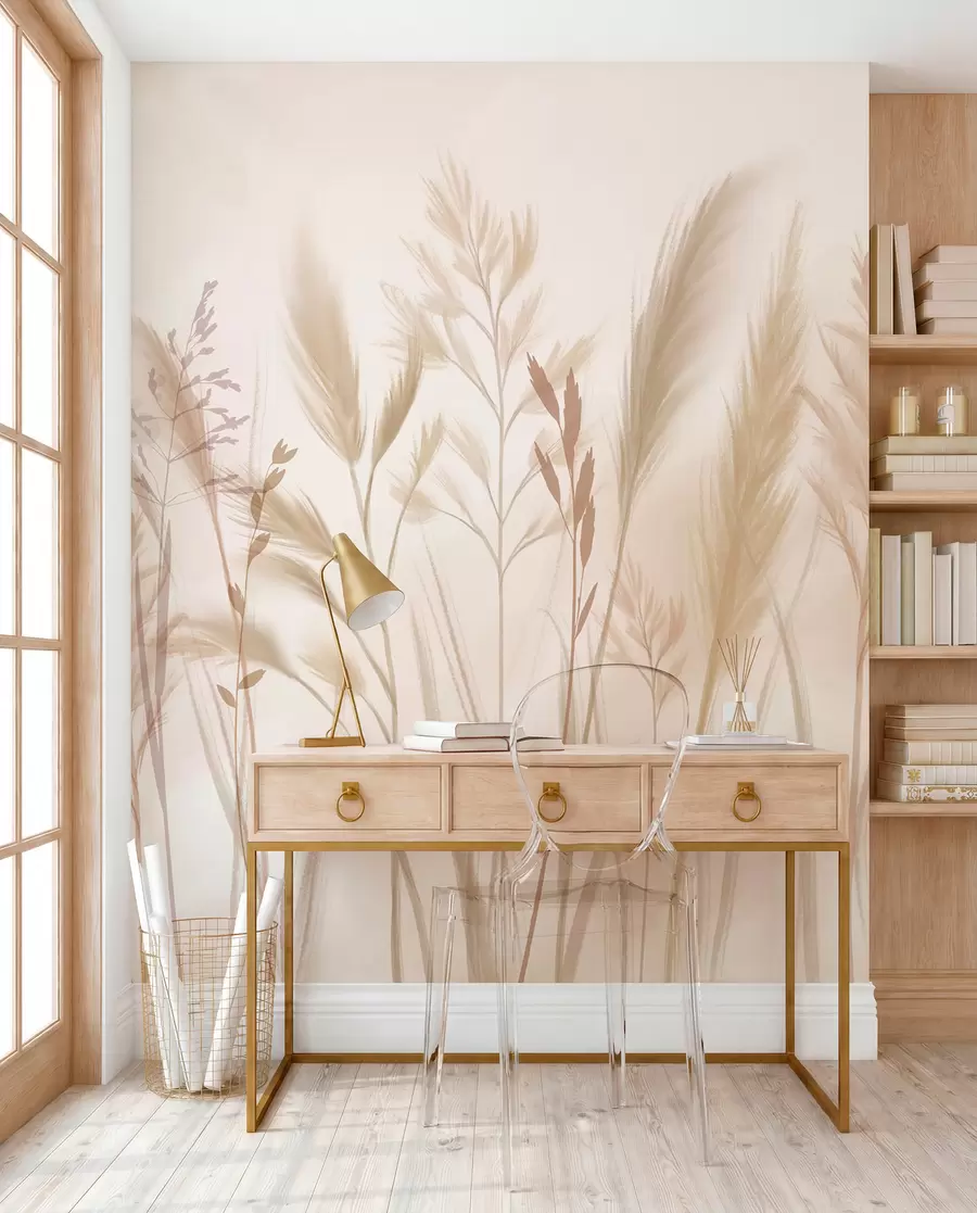 wall murals Високе, нежне траве, класови и биљке у меким беж и крем тоновима, на светло замућеној позадини w08736