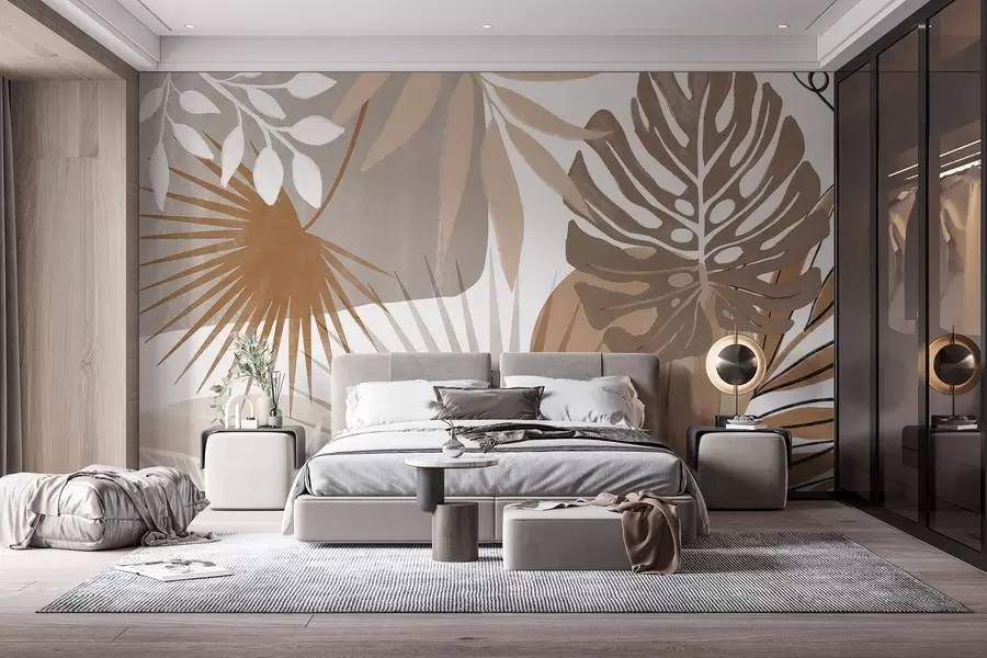 wall murals Апстрактни дизајн са разним тропским листовима и земљаним тоновима браон, беж и крем w08738