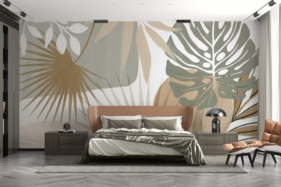 wall murals Апстрактни дизајн са разним тропским листовима и земљаним тоновима зелене, беж и крем w08738v1
