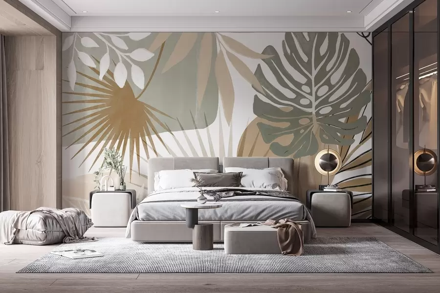 wall murals Апстрактни дизајн са разним тропским листовима и земљаним тоновима зелене, беж и крем w08738v1